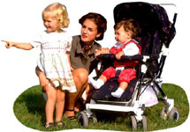 Authoritative parenting: Mother kneening next to little girl and little boy in pram. Authoritative parenting: Mother kneening next to little girl and little boy in pram.