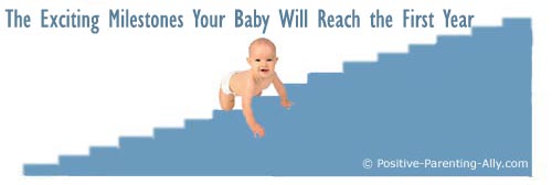 Photo of baby crawling up blue staircase which represents baby milestones that will be reached the first year. Photo of baby crawling up blue staircase which represents baby milestones that will be reached the first year.