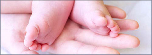 Woman hand holding infant feet. Article on newborn development. Woman hand holding infant feet. Article on newborn development.