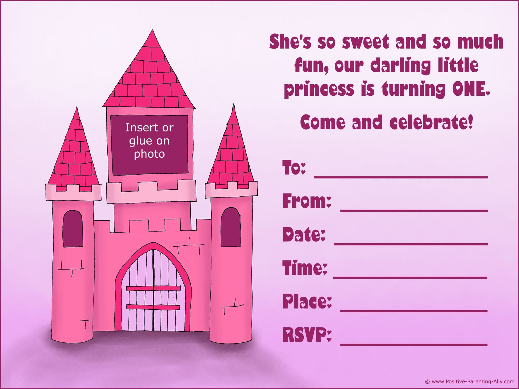First birthday party invitations: The typical girl princess theme with a pink castle and a place to glue on photo.