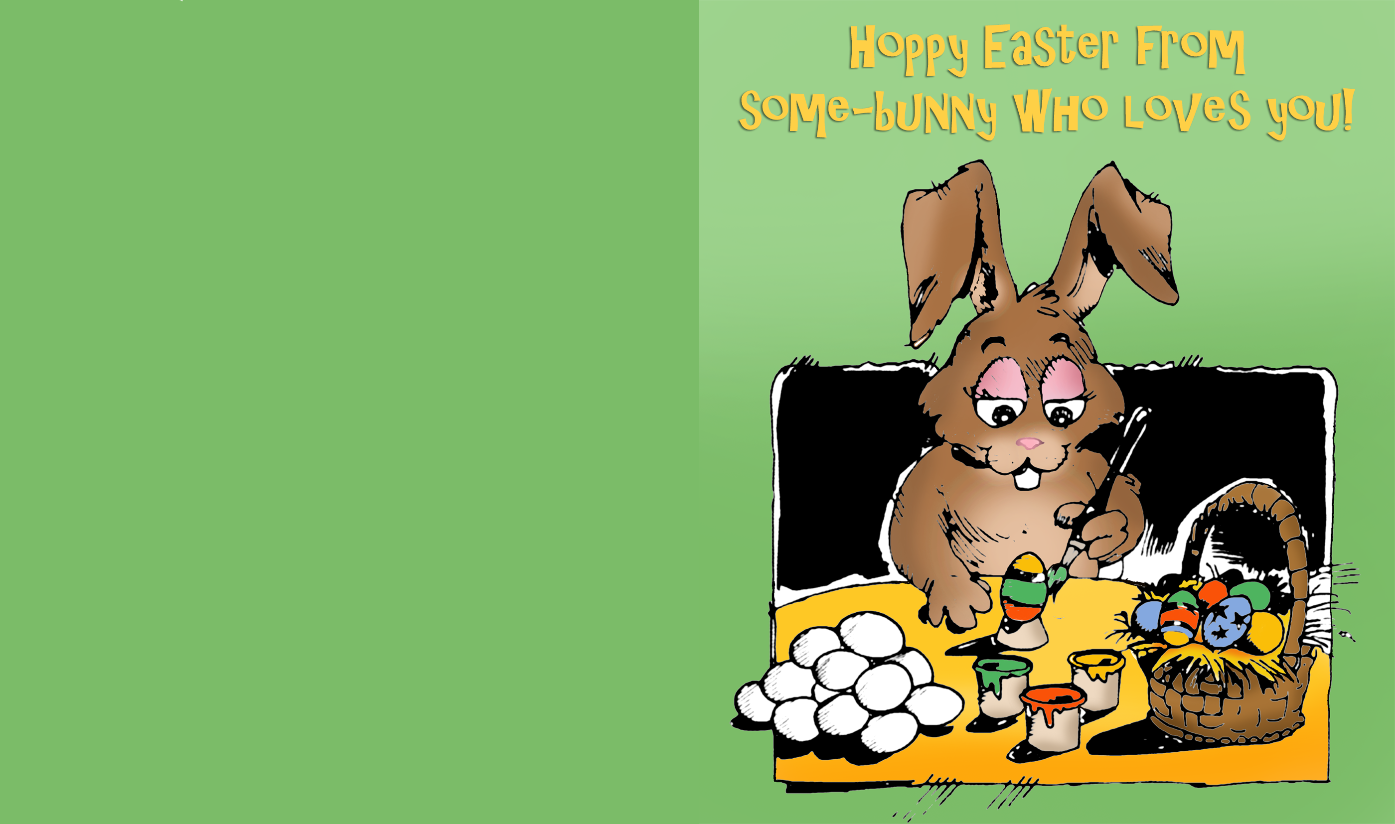 Cute Easter greeting card with rabbit painting Easter eggs.