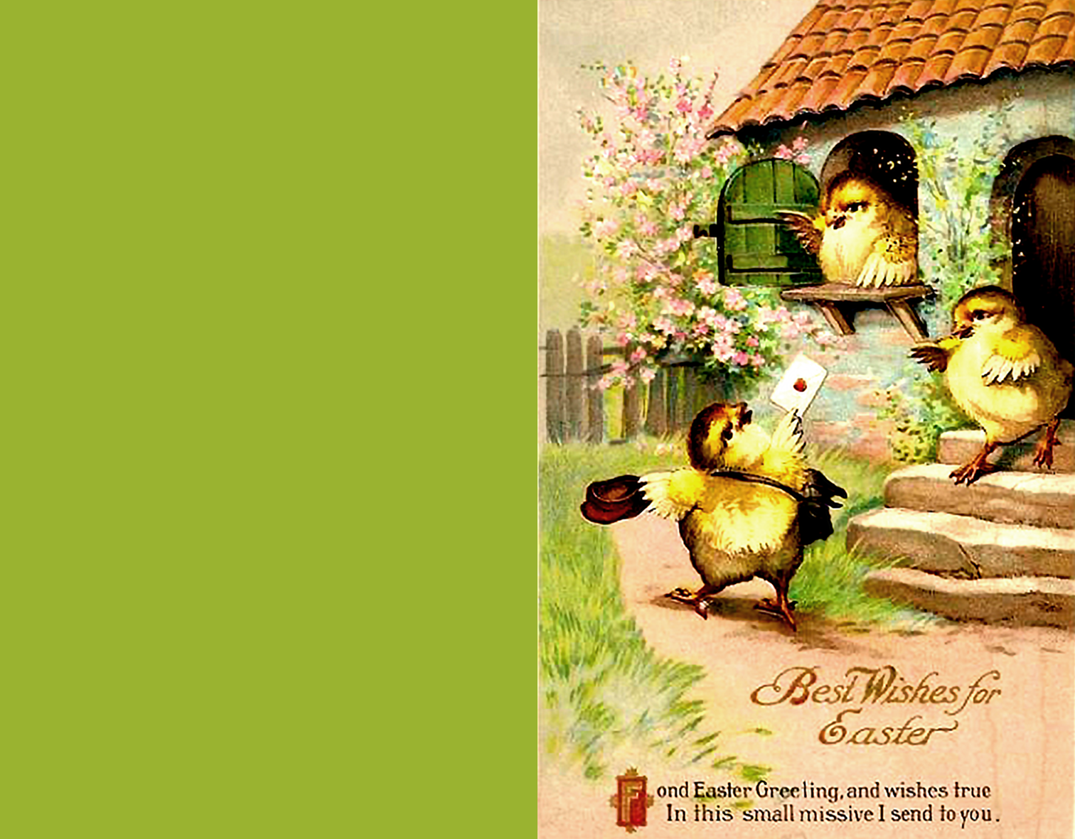 Cute old vintage Easter greeting card with chickens and mail. 