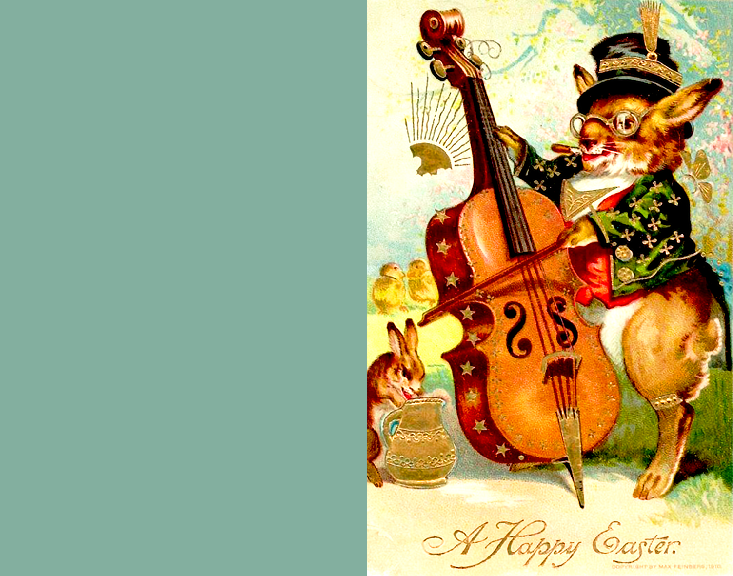 Cute old Easter greeting card with a bunny playing the violin.