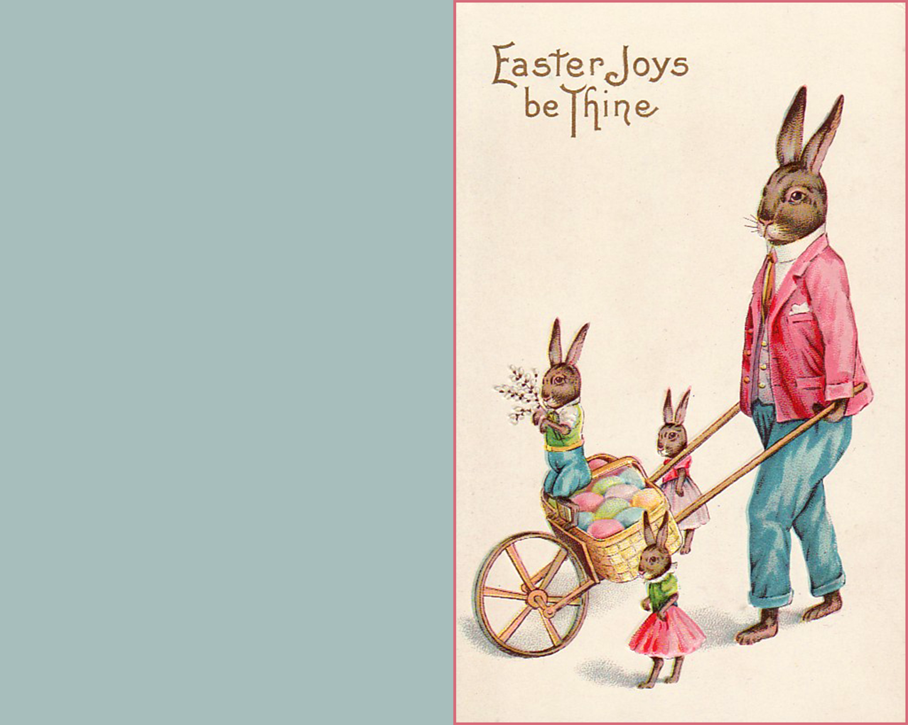 Easter greeting card with bunnies pushing a wheelbarrow.