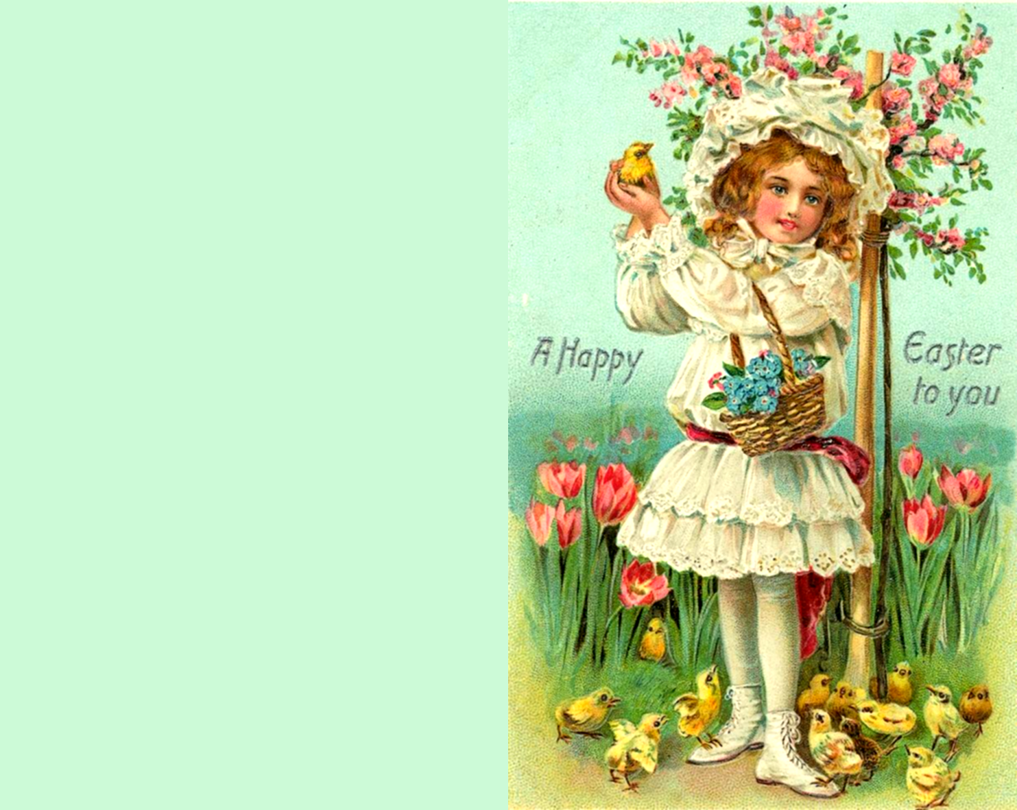 Old vintage Easter greeing card with little girl, flowers and chickens.
