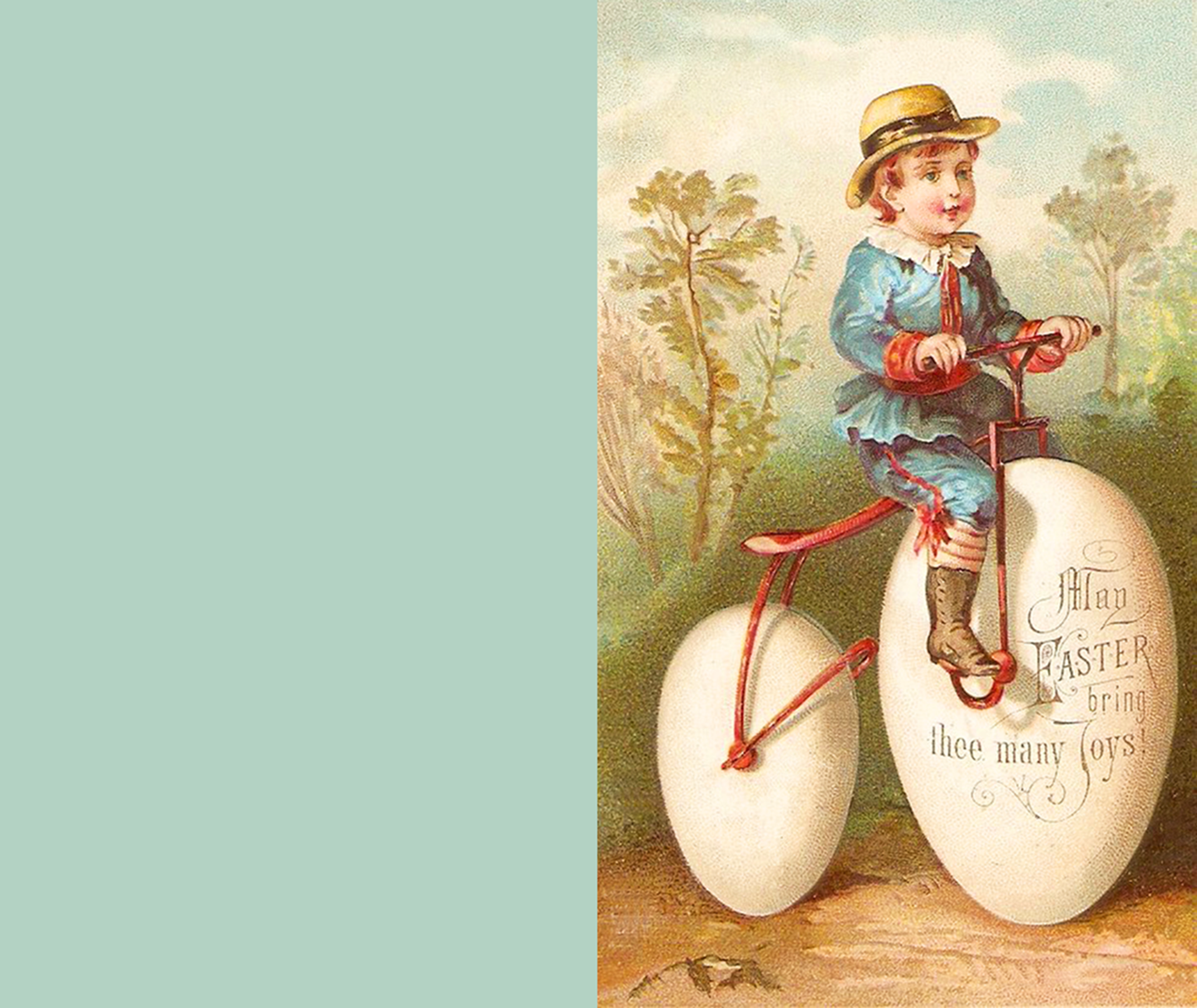 Printable vintage Easter greeting card with a little boy on a bike. 