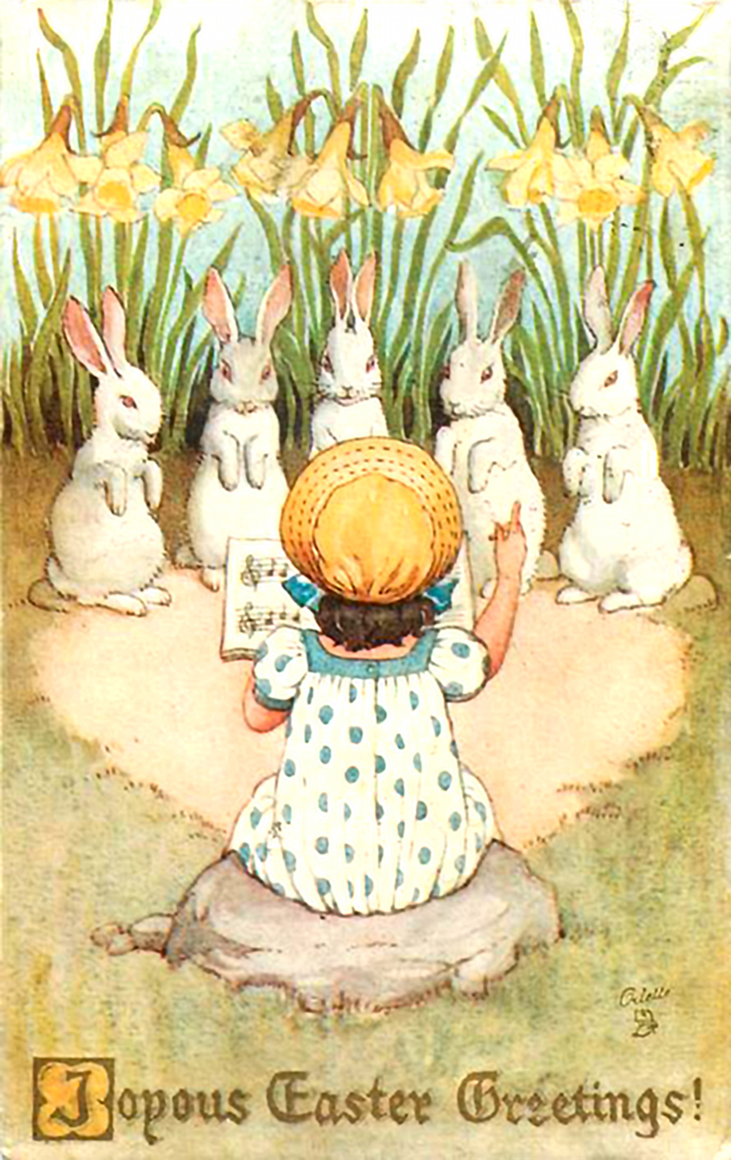 Wonderful Easter postcard to print in vintage styles. Little girl with white rabbits.