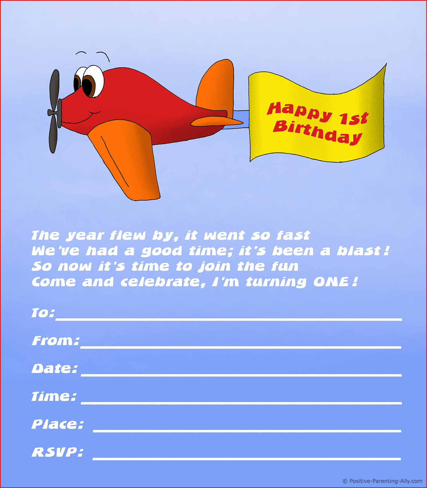 Red plane with flag on 1 birthday invite - free and printable.