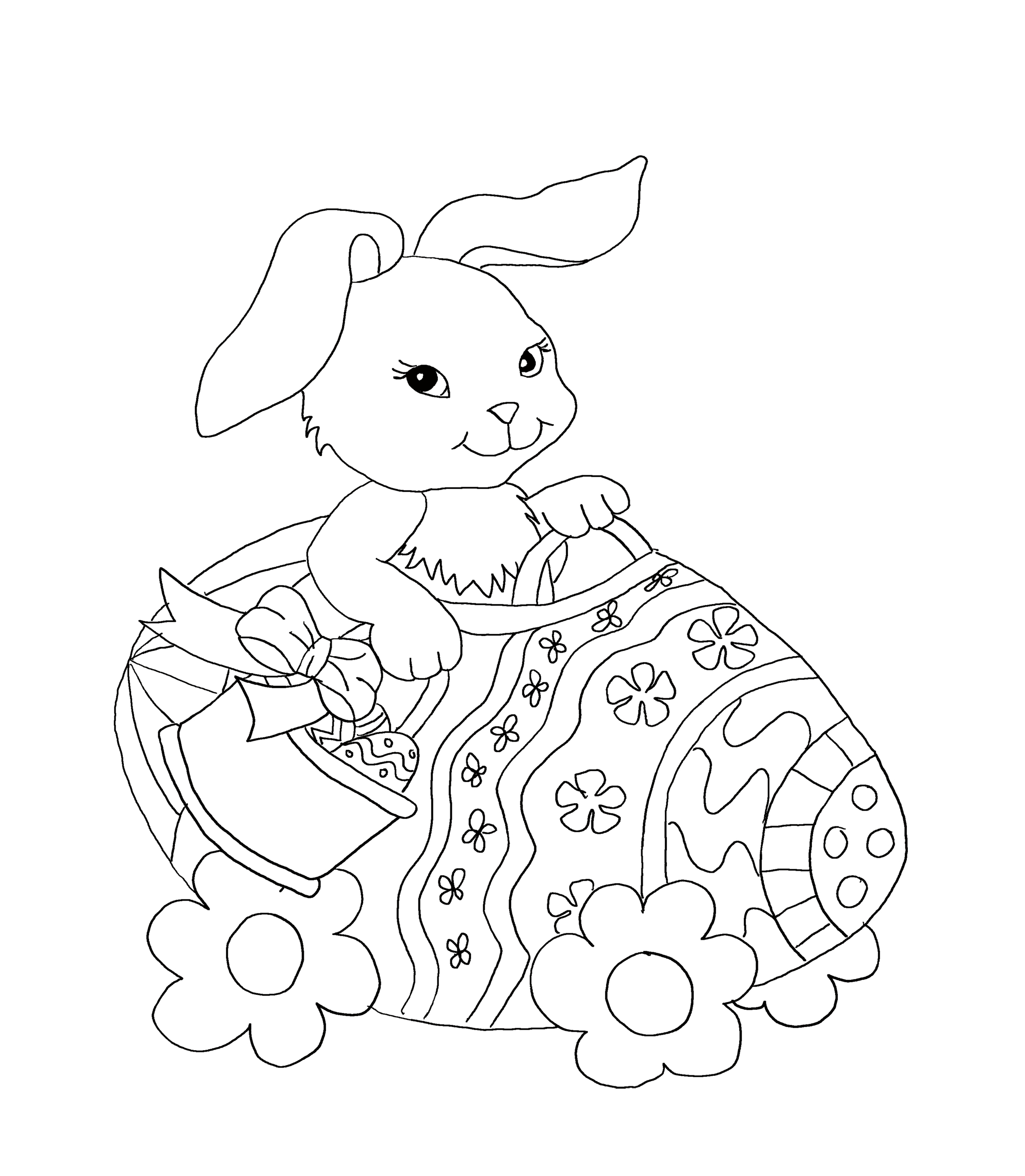 Cute Easter bunny in egg mobile. Coloring page for Easter.