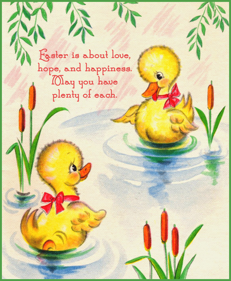 Old vintage Easter postcard with two ducklings in a pond.