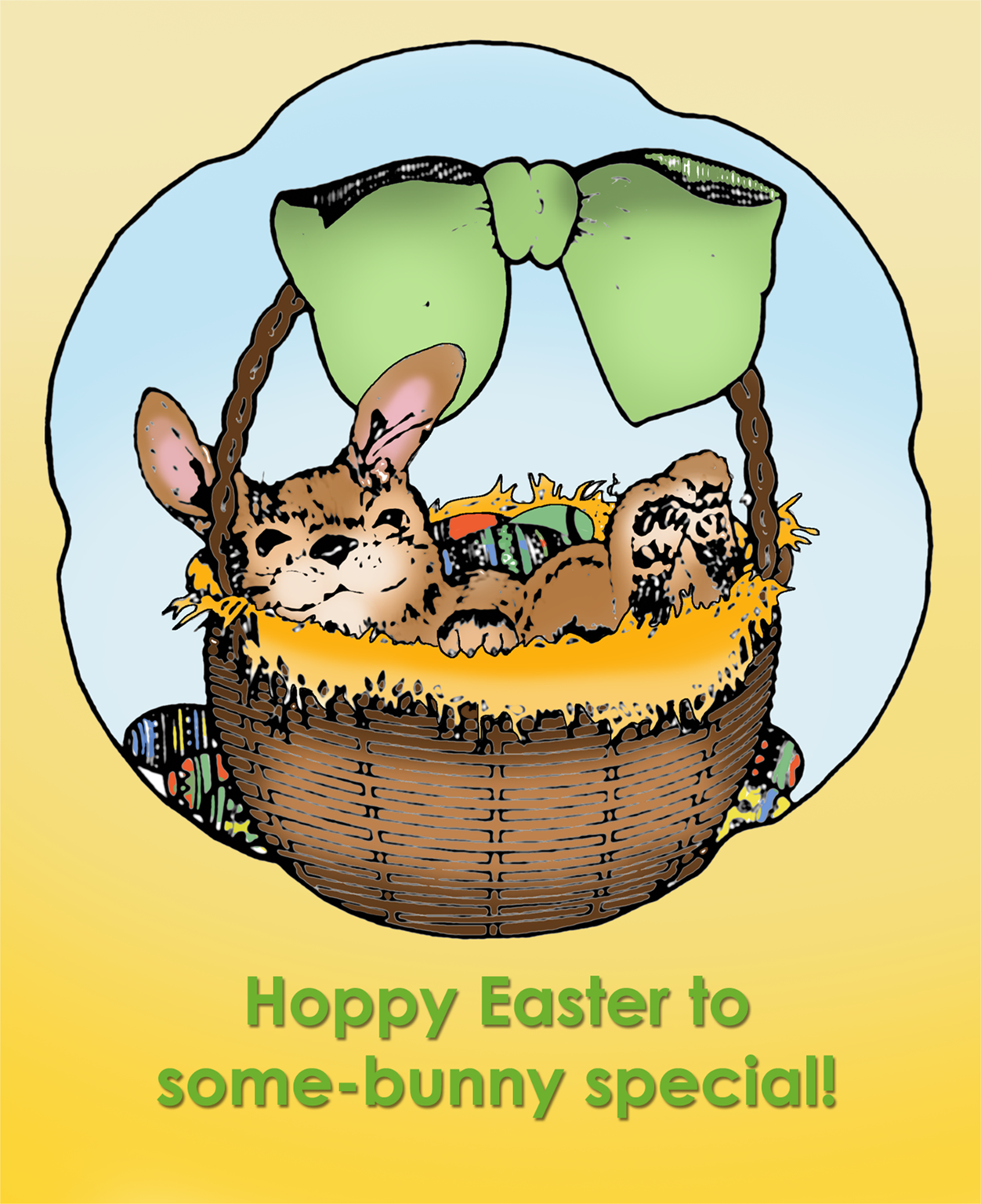 Printable Easter card with cute bunny in a basket.