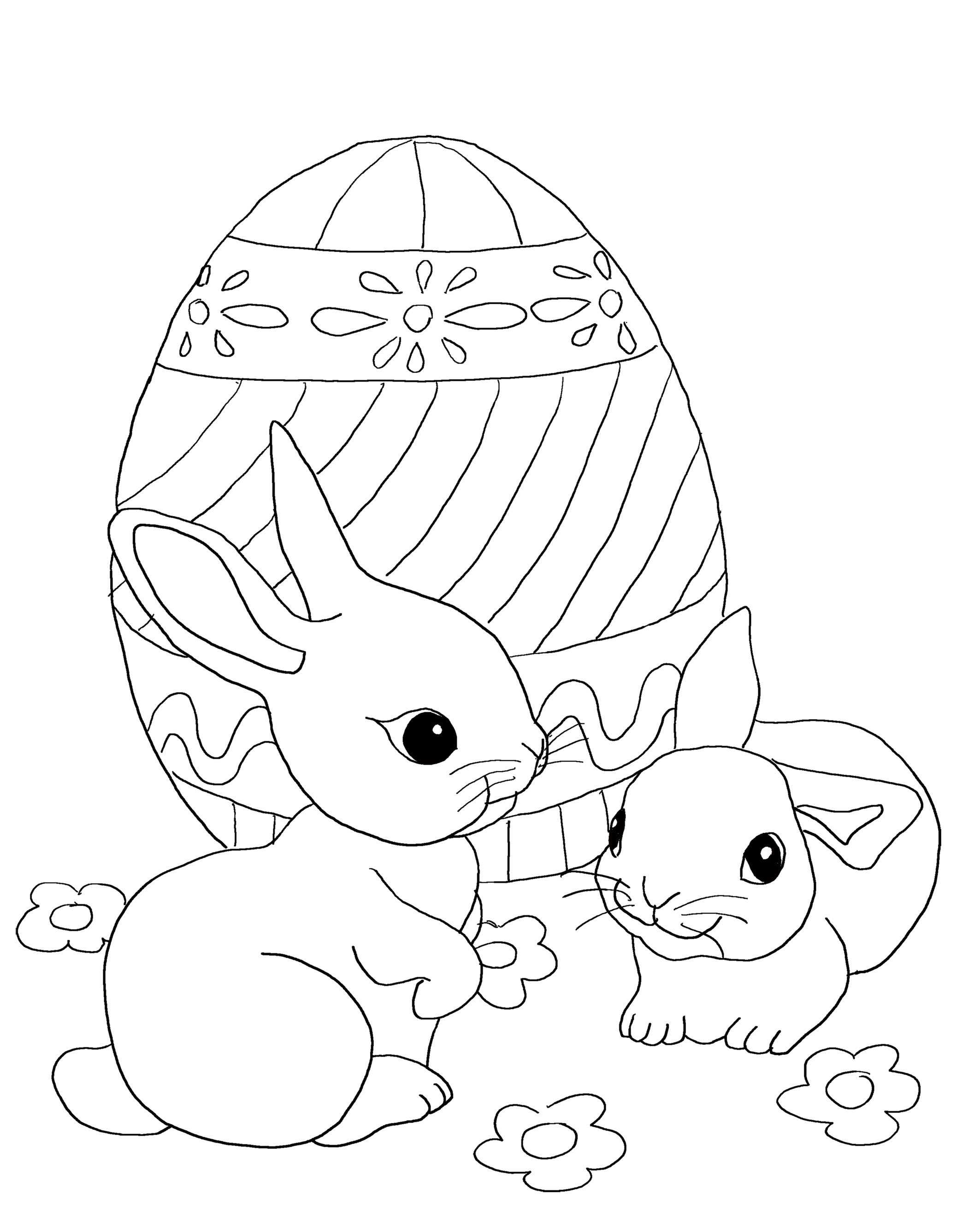 Easter coloring page: Two bunnies with a giant Easter egg. 