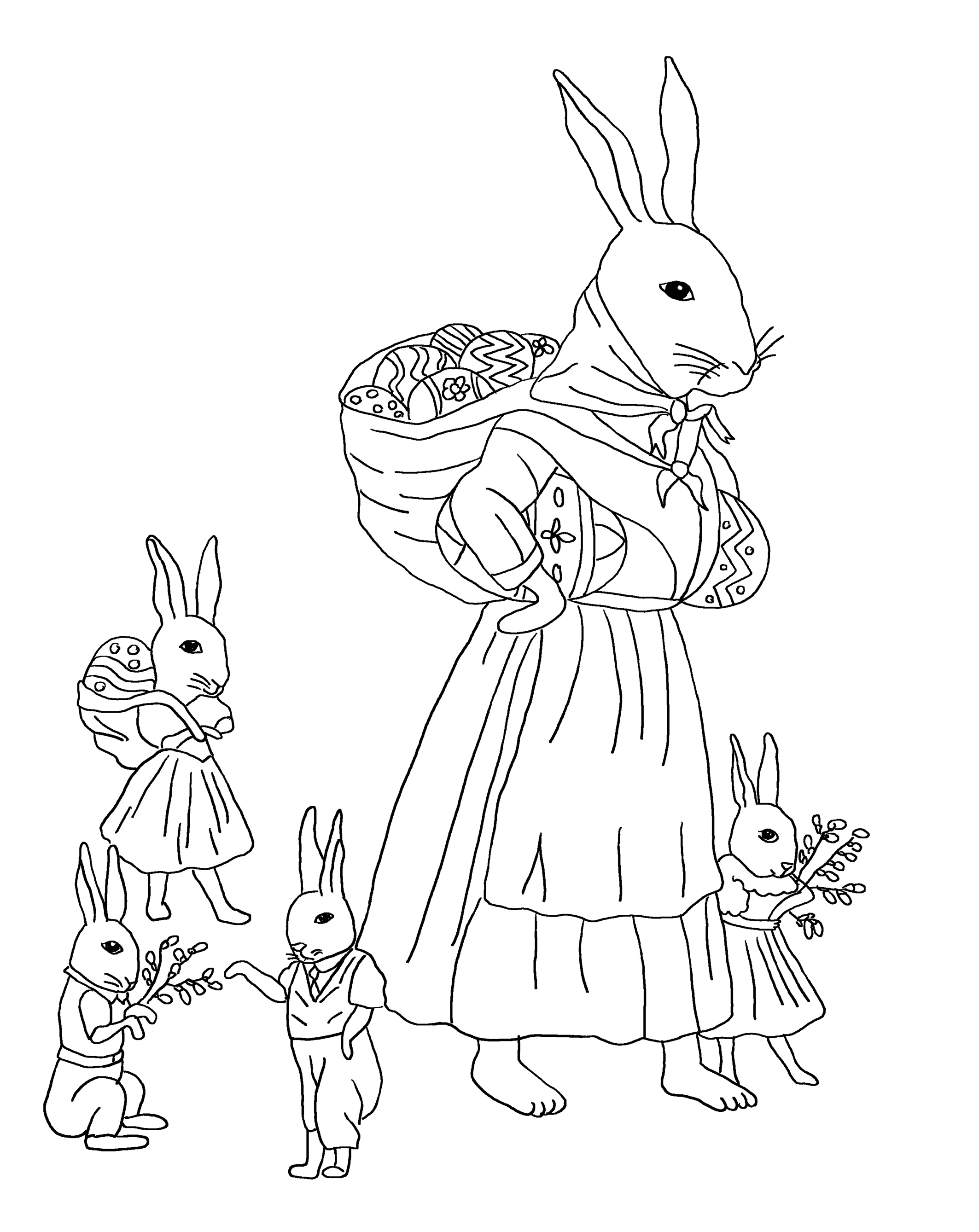 Easter coloring page with Easter bunnies with eggs and branches.