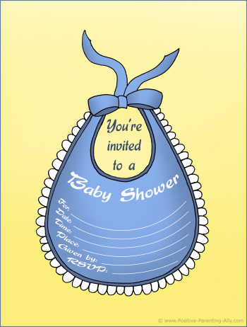 Boy baby shower invitation with a blue baby bib.