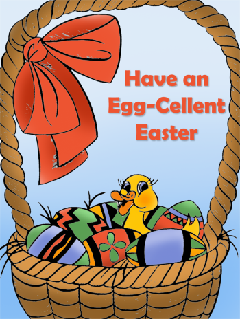 Free Easter card with duckling in a basket with eggs. 