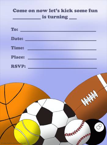 Sports balls free printable birthday invitations: football, basket ball, tennis ball, snooker ball, american football, baseball.