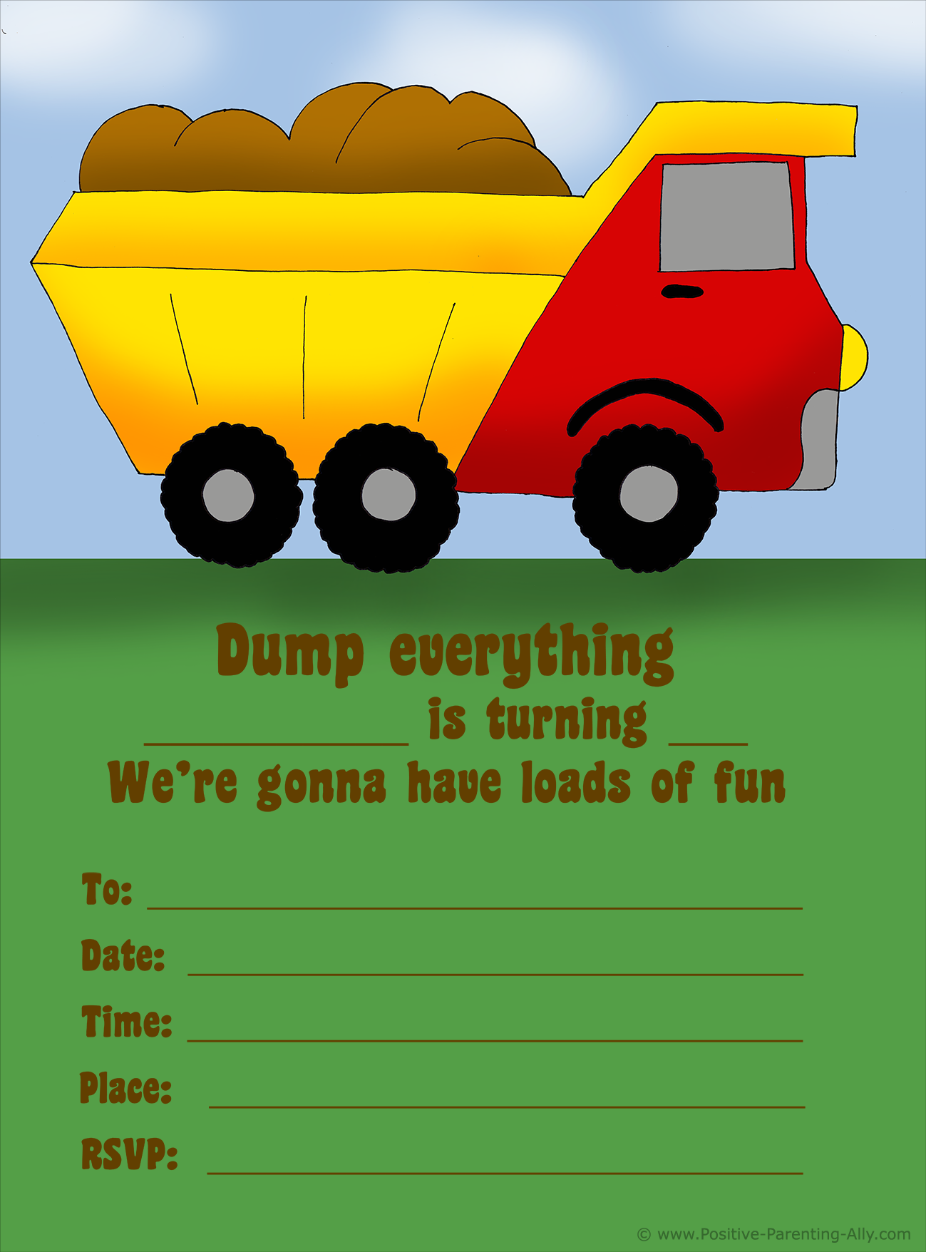 Printable birthday invitation with a truck for boys.