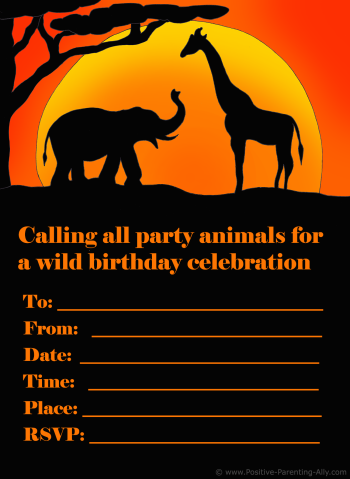 Printable kids birthday invite with African safari theme. An elephant and giraffe silhouette.