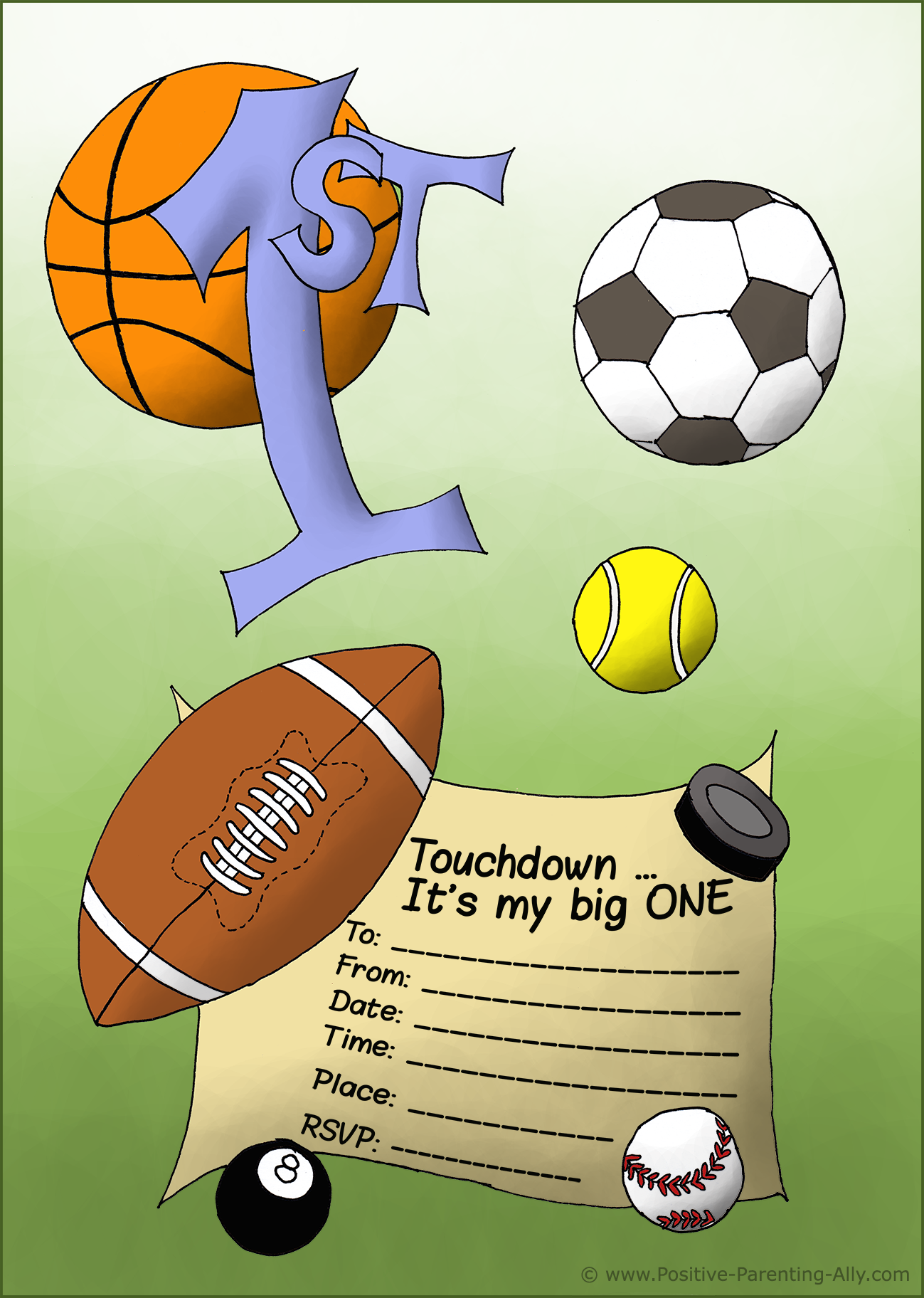The perfect kind of printable first birthday party invitations theme for little boys. Lots of sports balls.