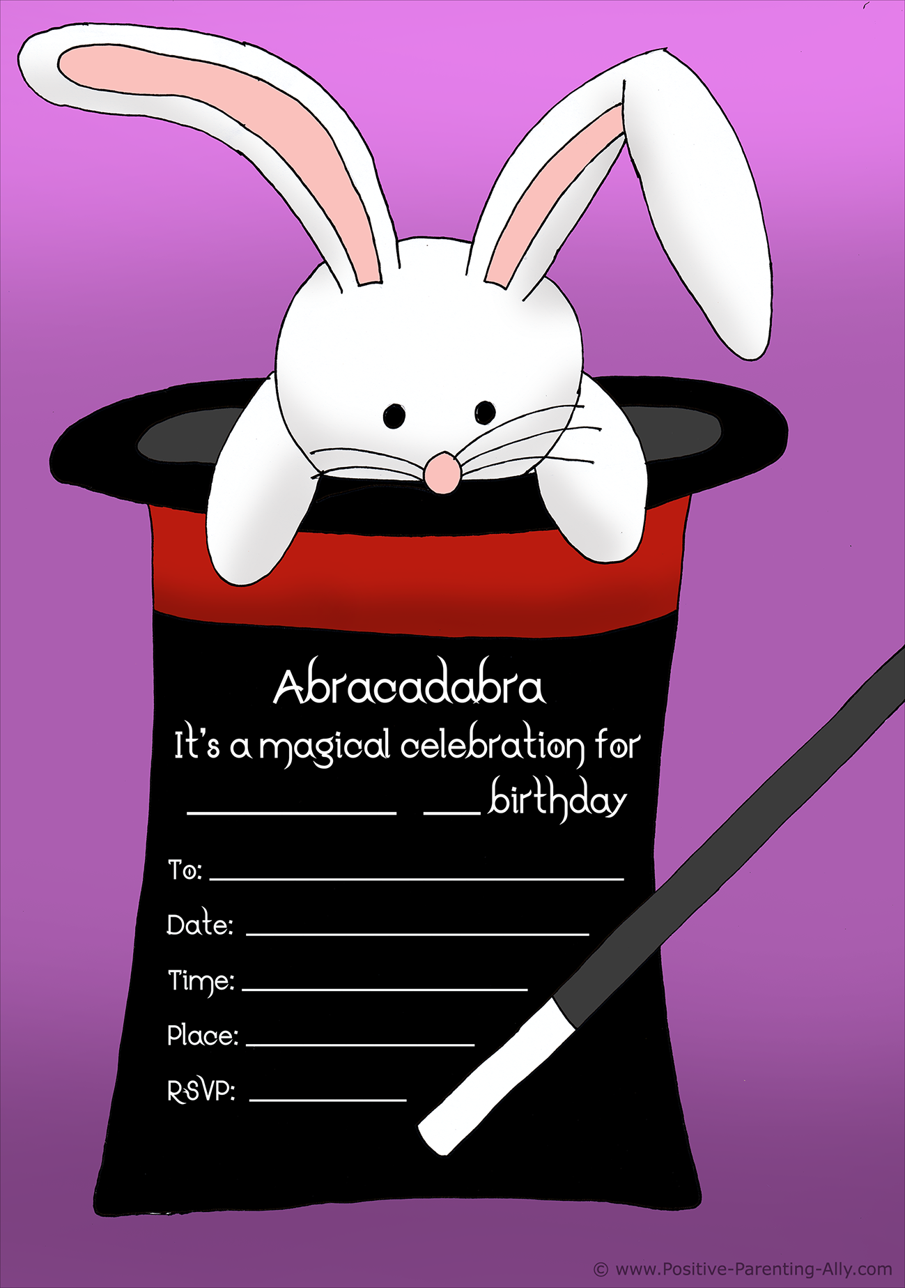 Magic themed birthday invitation for kids with cute bunny / rabbit in a black hat.