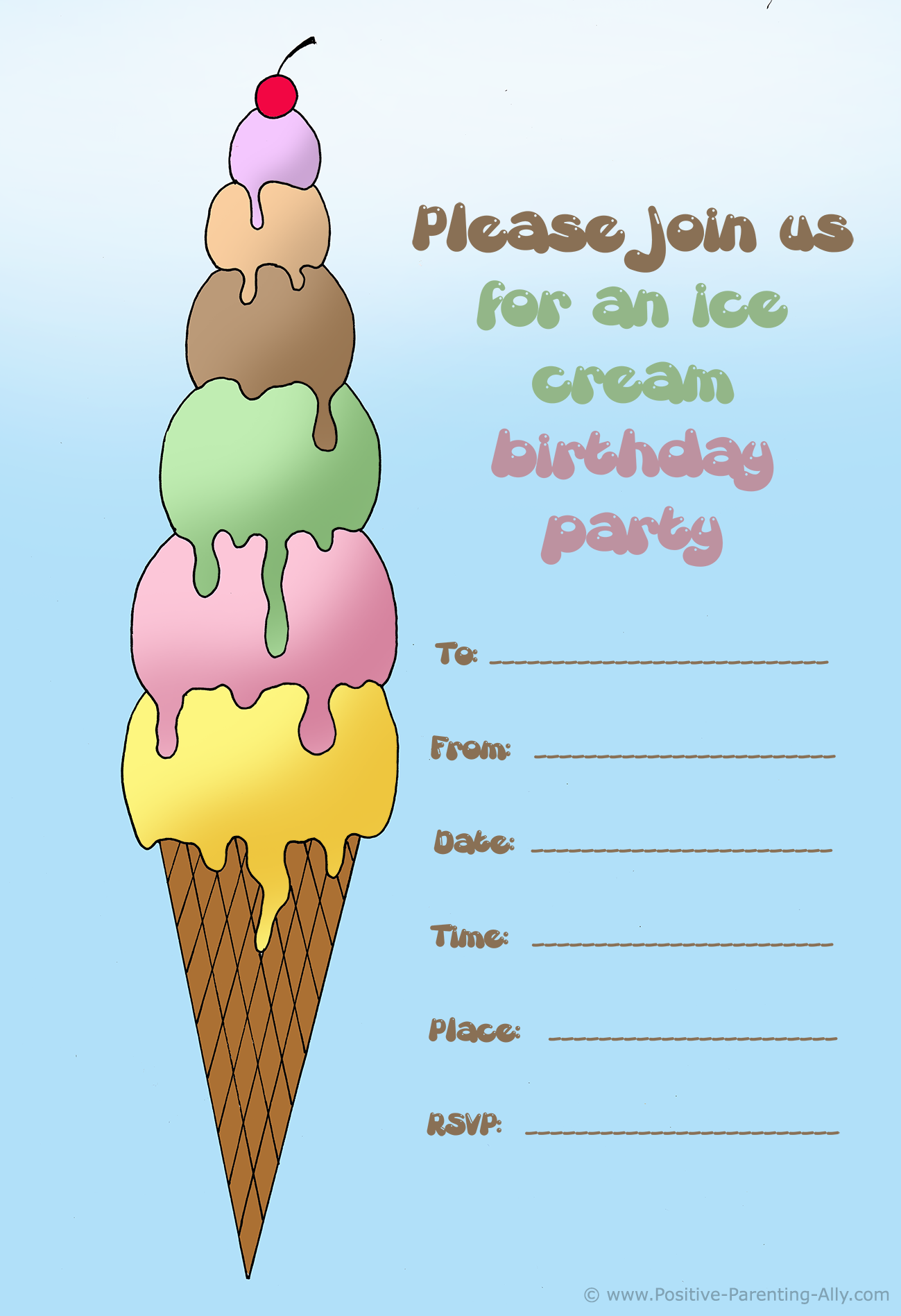 Ice cream birthday invitation to print.