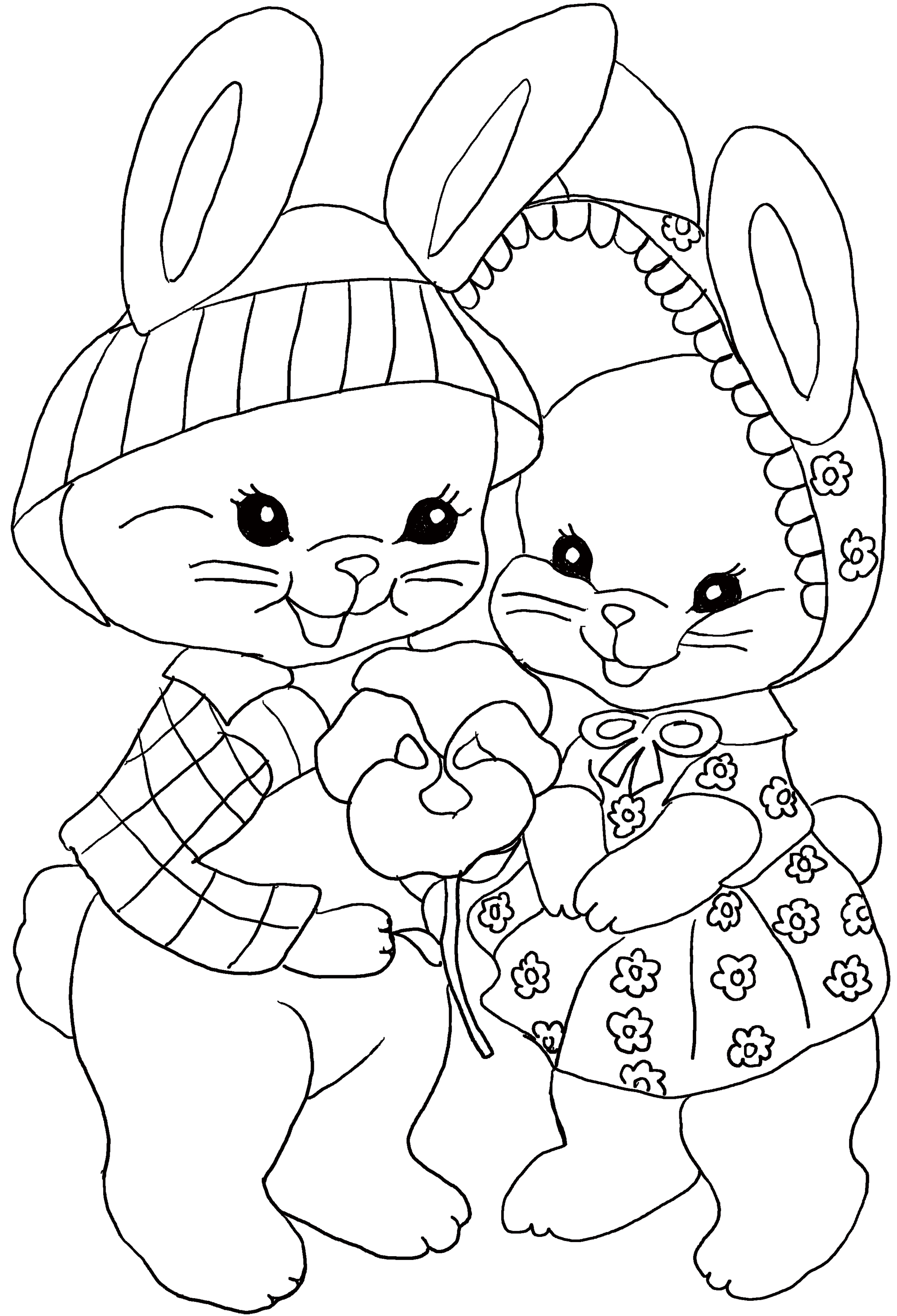 Easter coloring page for kids. Two cute bunnies with a flower
