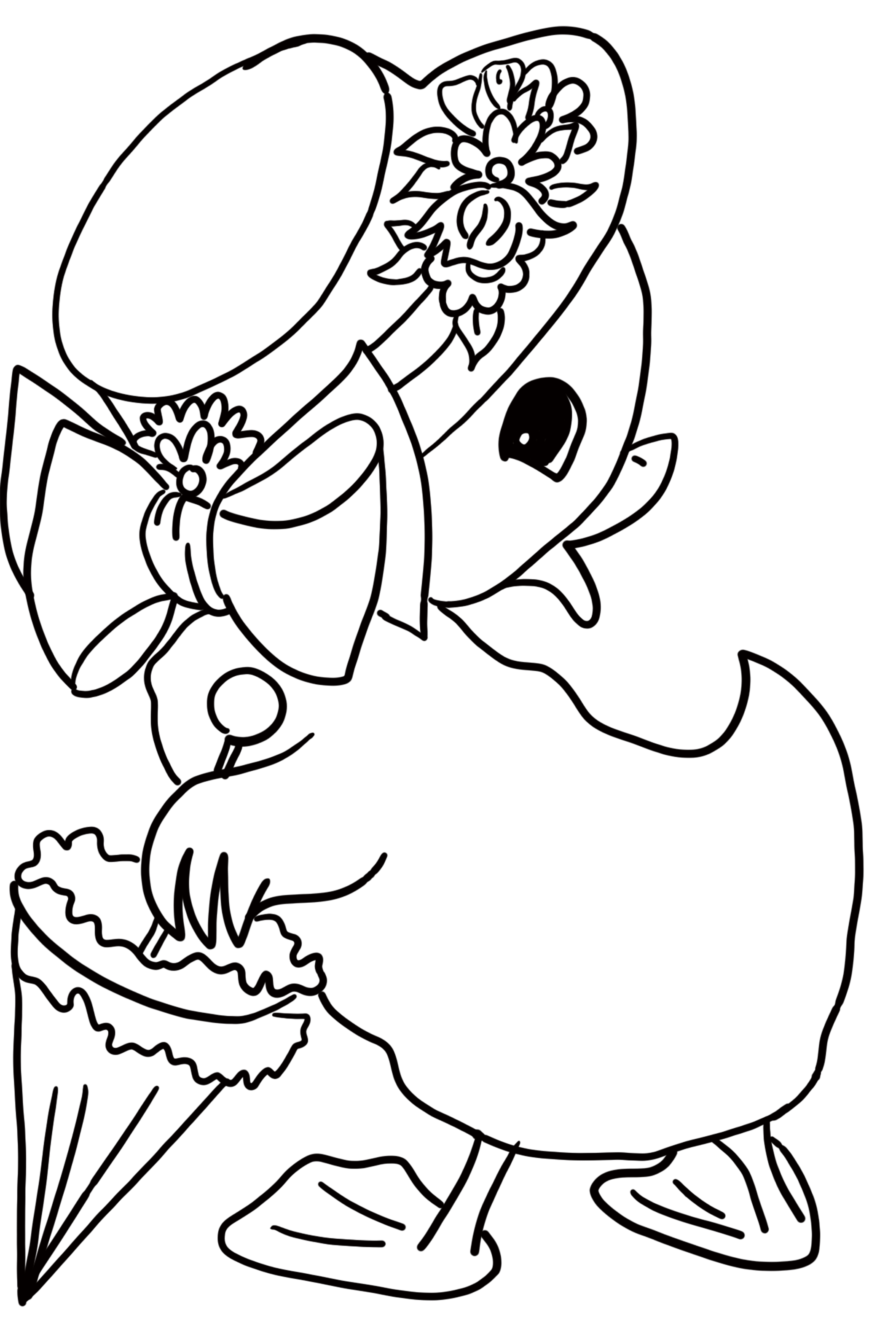 Easter coloring page: Cute duckling with hat and umbrella