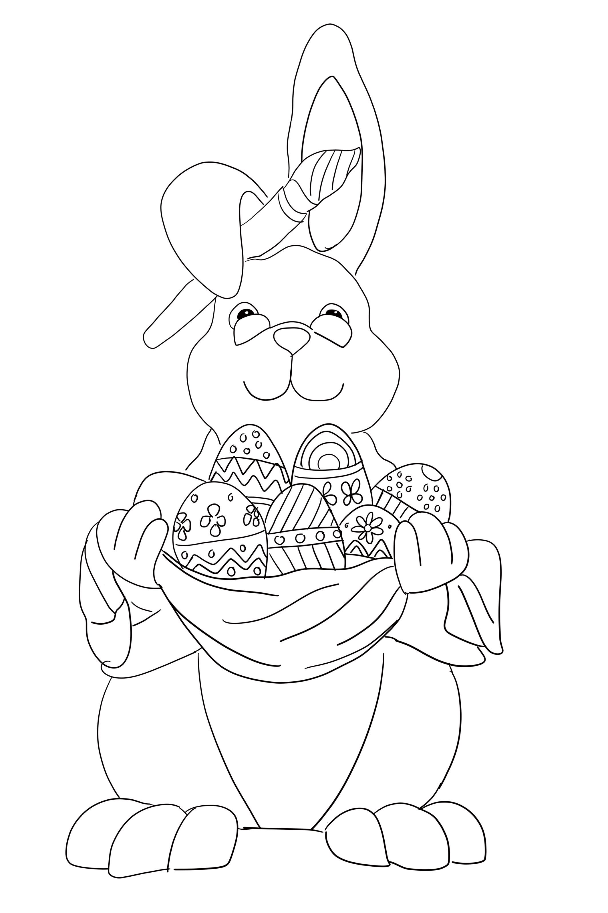 Easter coloring pages: Easter hare with eggs and paintbrush.