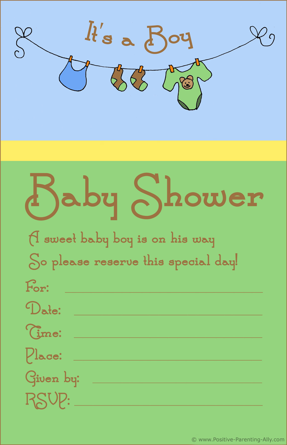 Baby shower invitation template for boys with a clothesline with baby clothes.