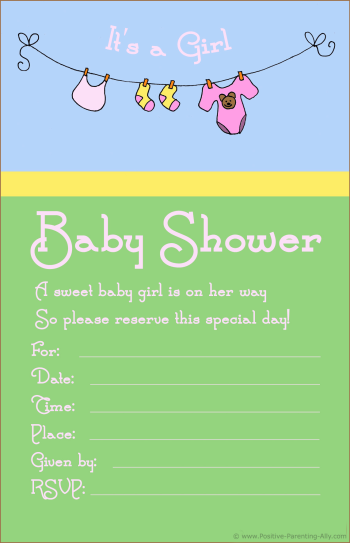 Girl baby shower invitation with clothesline.
