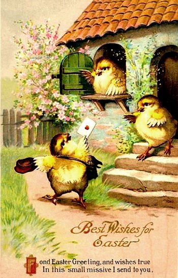 Printable Easter card in vintage style with cute chickens.