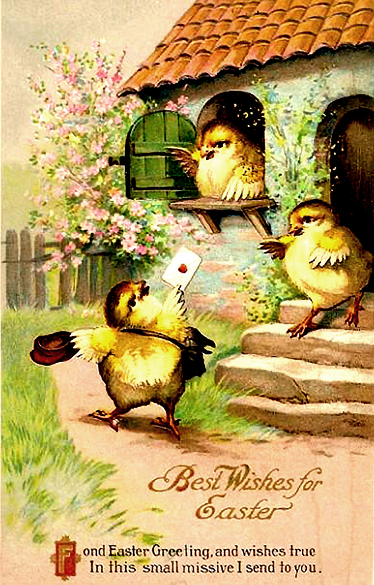 Printable Easter card in vintage style with cute chickens.