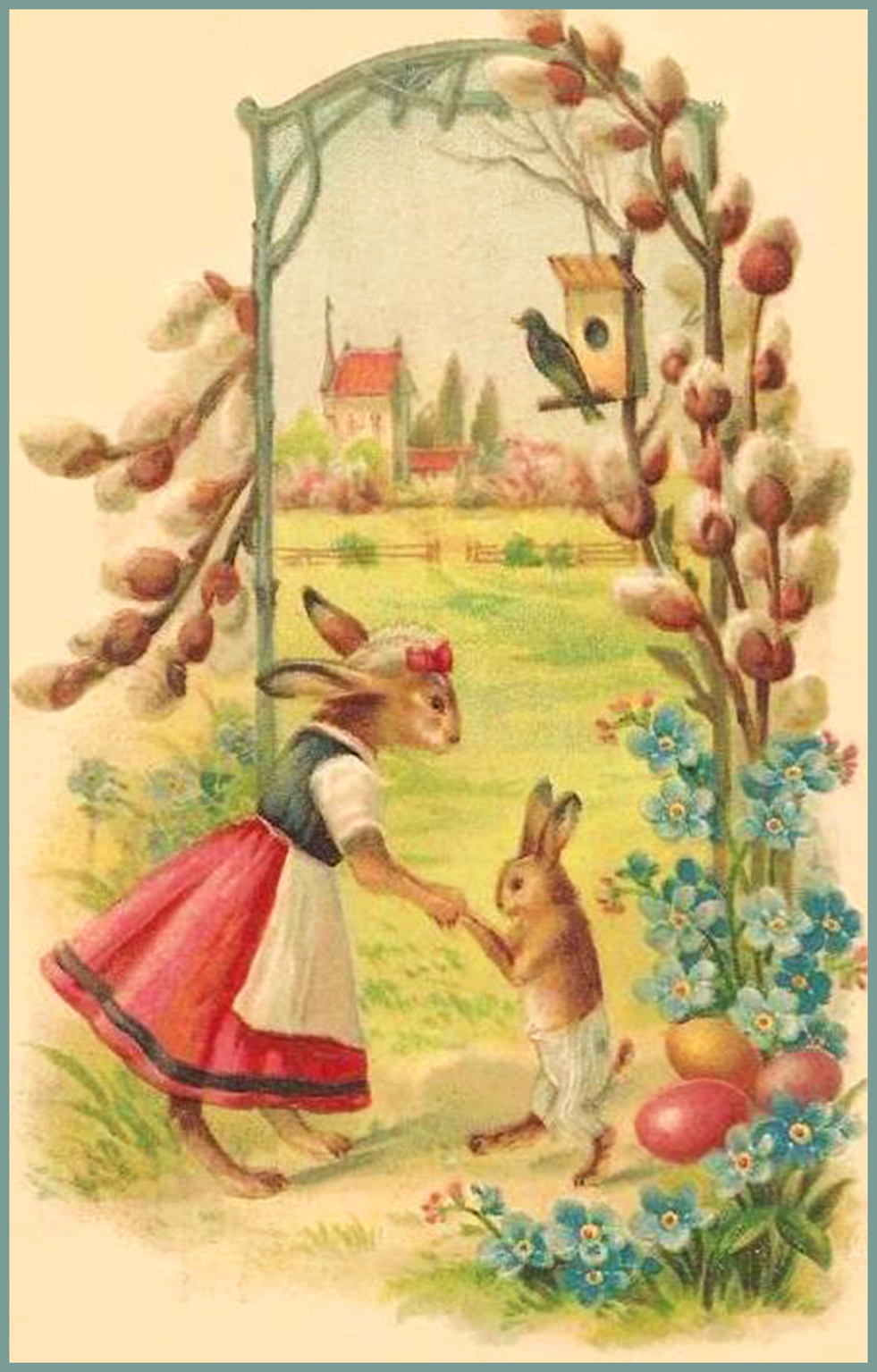 Free Easter card in cute vintage style with two bunnies. 