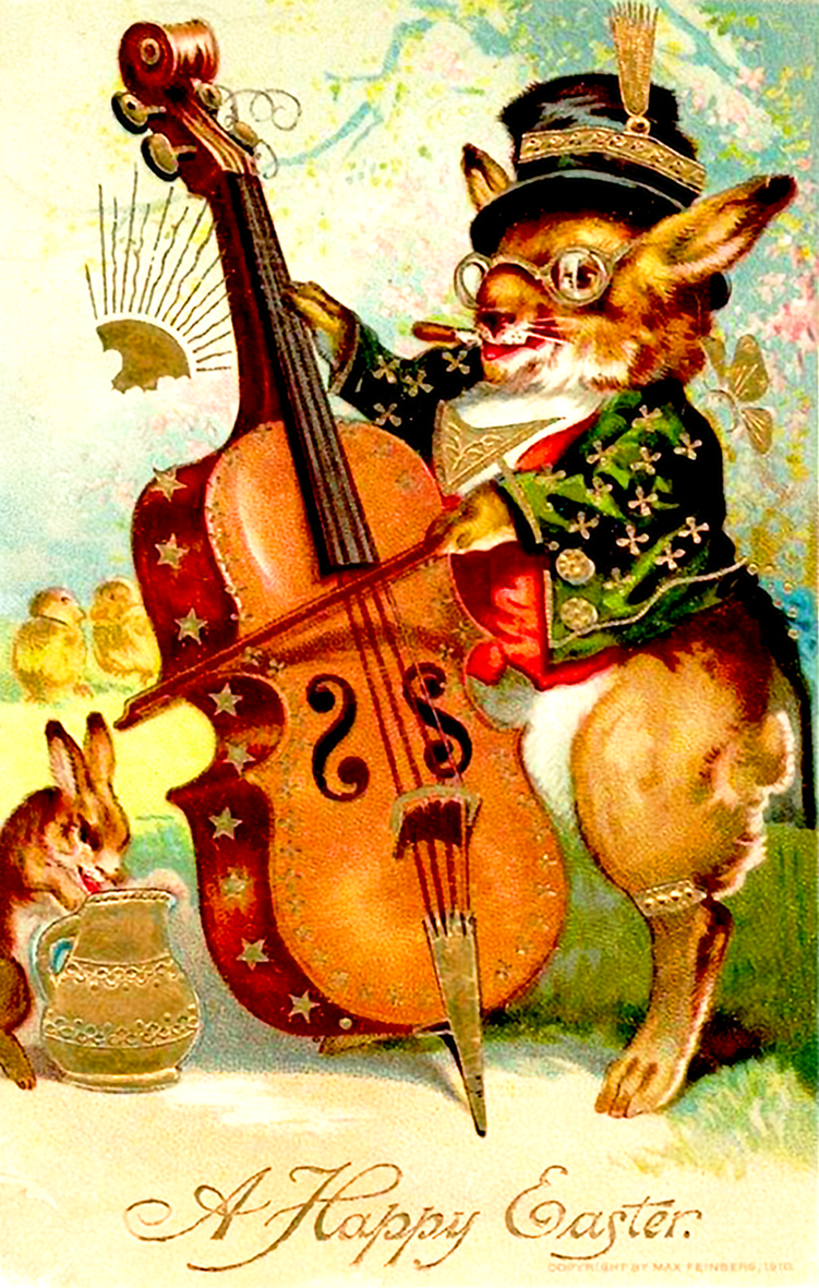 Adorable old Easter card in high print quality. A bunny playing the violin.