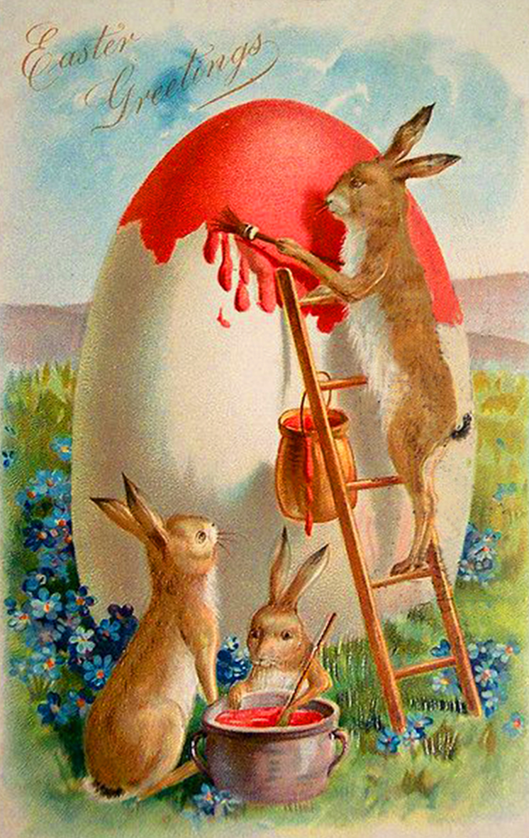 Free Easter greenting cards: Bunnies painting Easter egg.