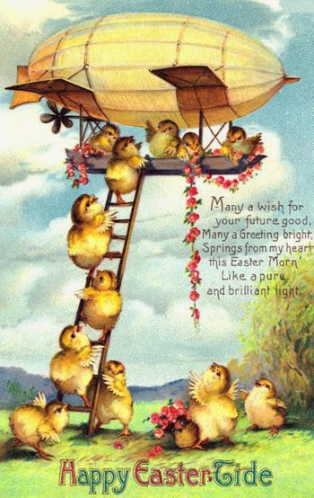 vintage printable Easter card with chickens climbing an airship, a zeppelin.
