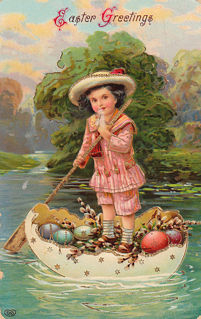 Cute old Easter card to print with little boy on a boat with Easter eggs.