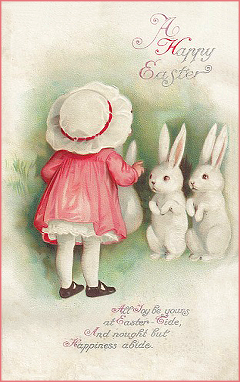 Cute old Easter postcard with little girl and bunnies.