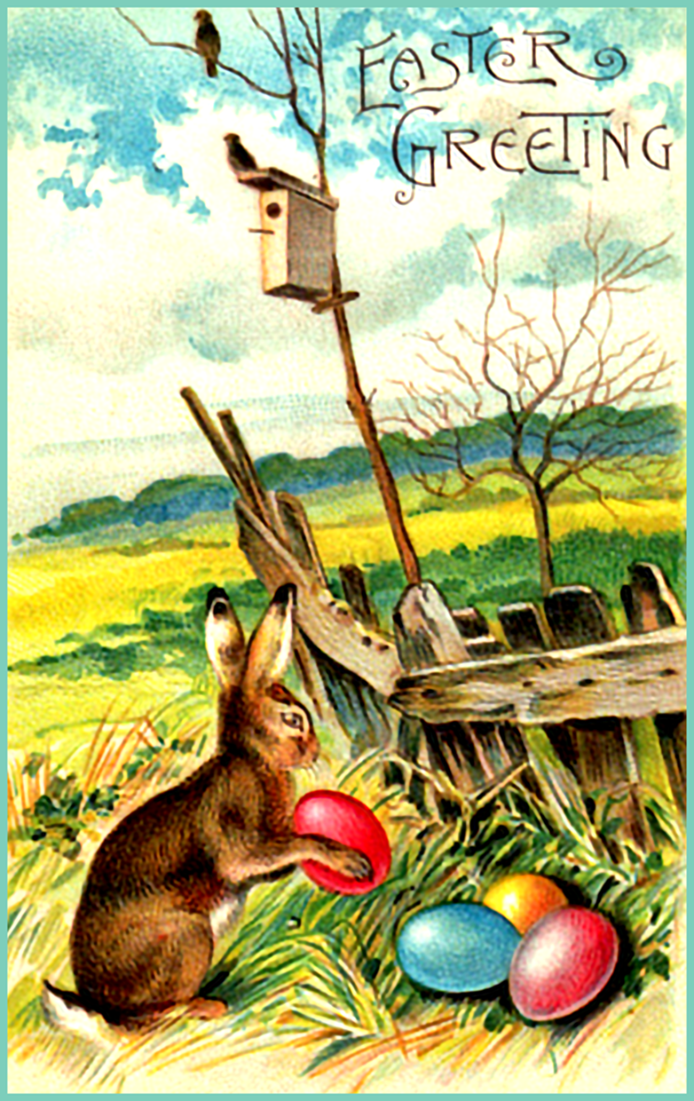 Vintage Easter card ready to print. Easter bunny with eggs. 