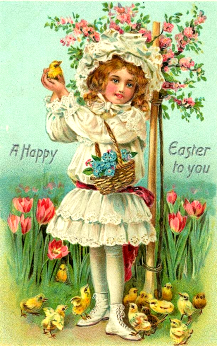 Beautiful Easter card with girl and flowers.