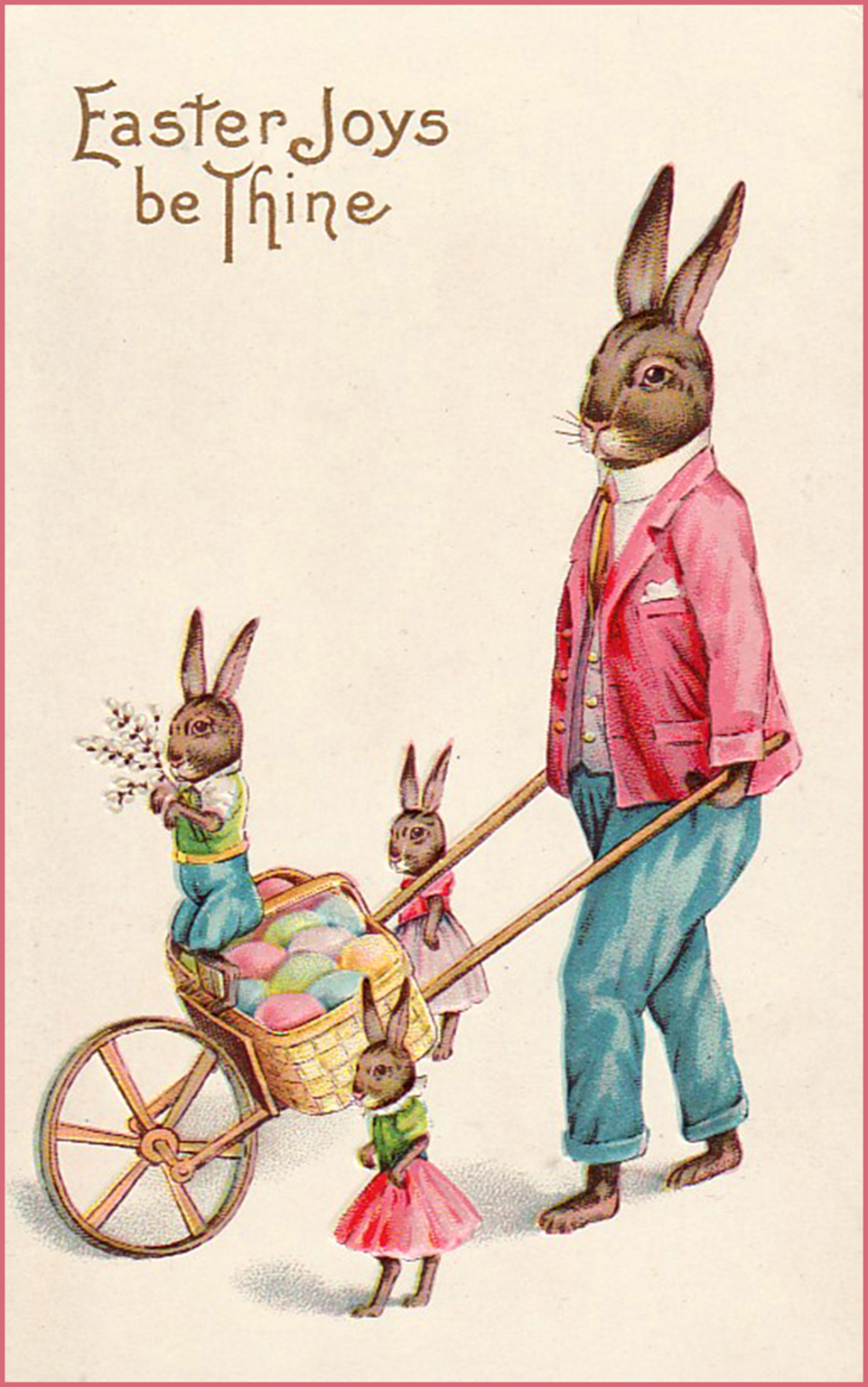 Easter bunnies with wheelbarrow on easter card. 