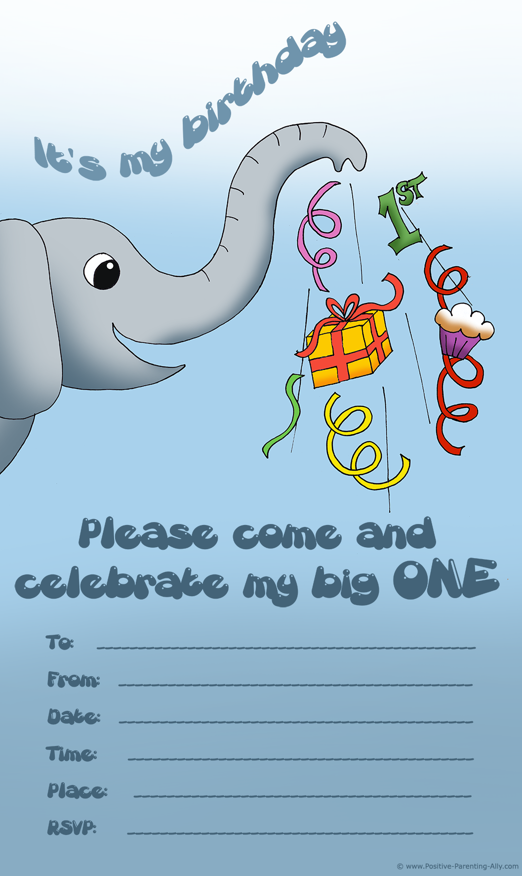 Cute elephant invitation for the very first birthday. Free and printable.
