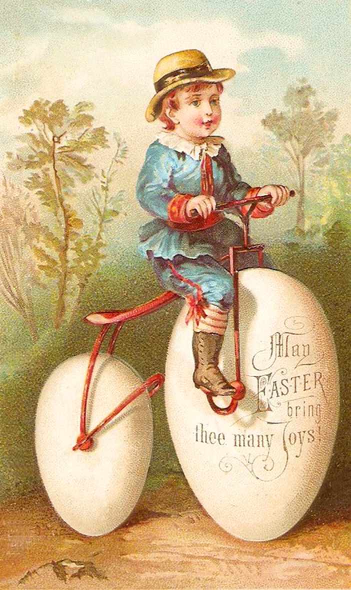 Vintage printable Easter card with little boy on a bike