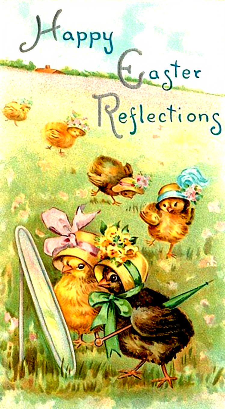Cute printable Easter postcard with chickens looking in a mirror.