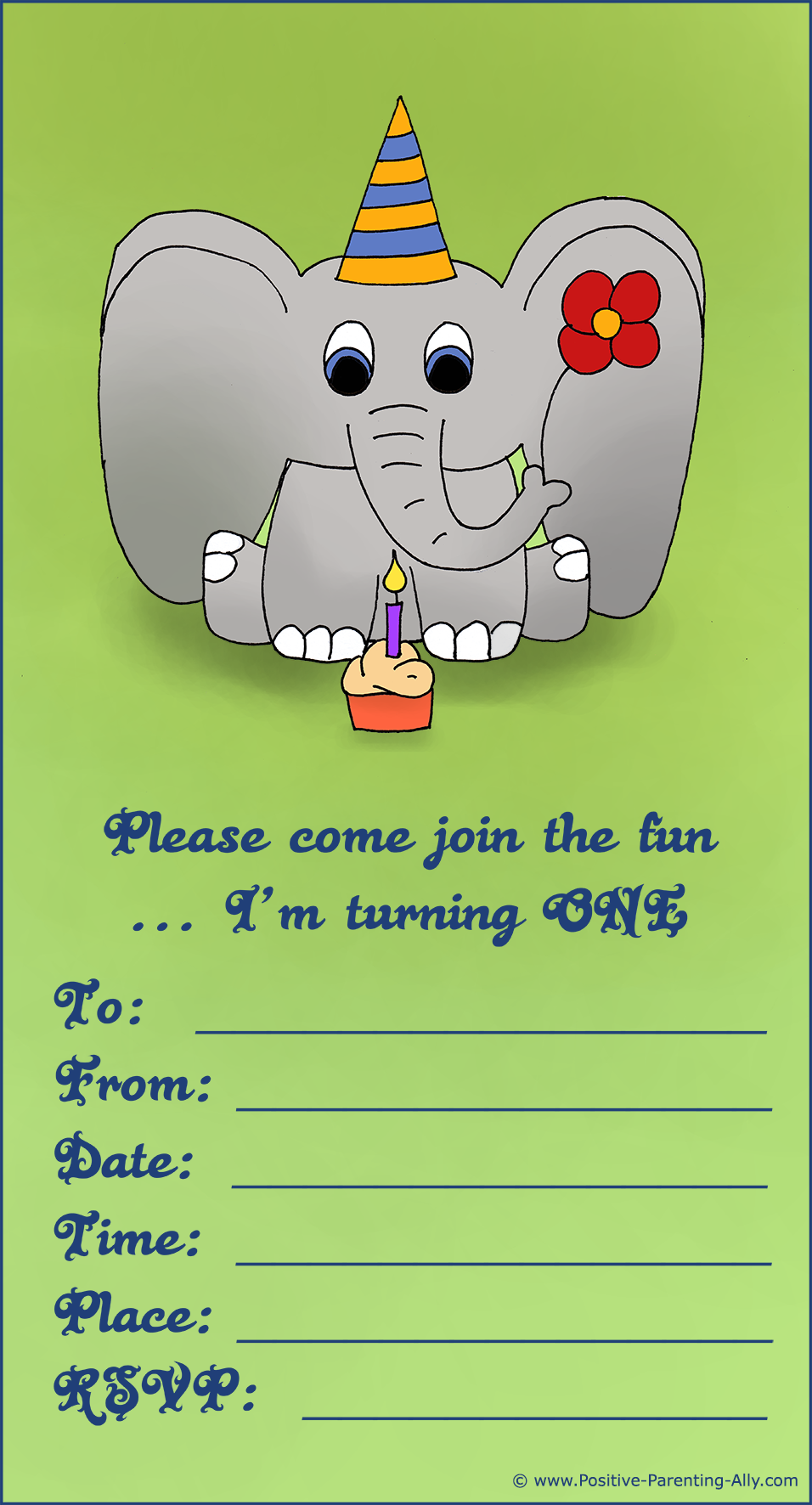 Printable first birthday party invitations: Cute baby elephant for both girls and boys.