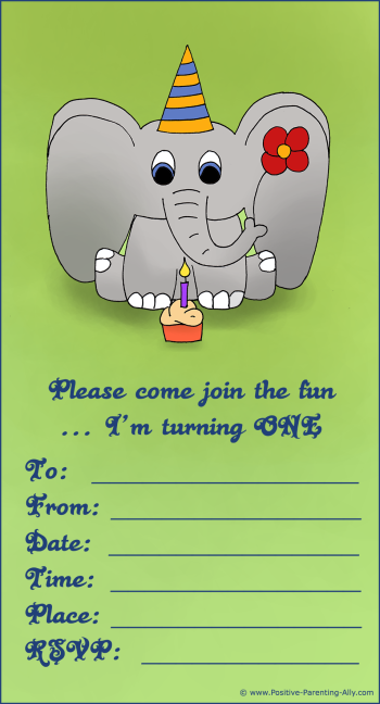 Printable first birthday party invitations: Cute baby elephant for both girls and boys.