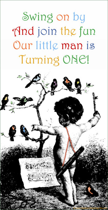 Oldstyle retro vintage theme on printable 1st birthday invitation: little boy and birds making music.