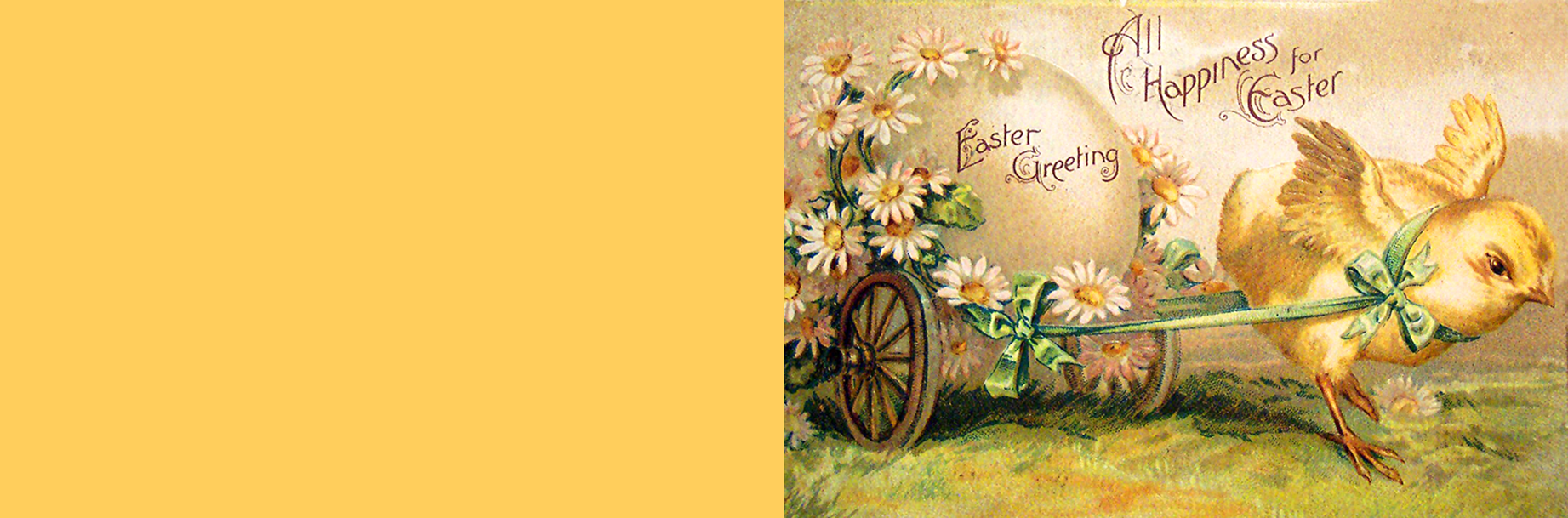 Old vintage Easter greeting card with yellow chicken pulling a cart with a large egg.