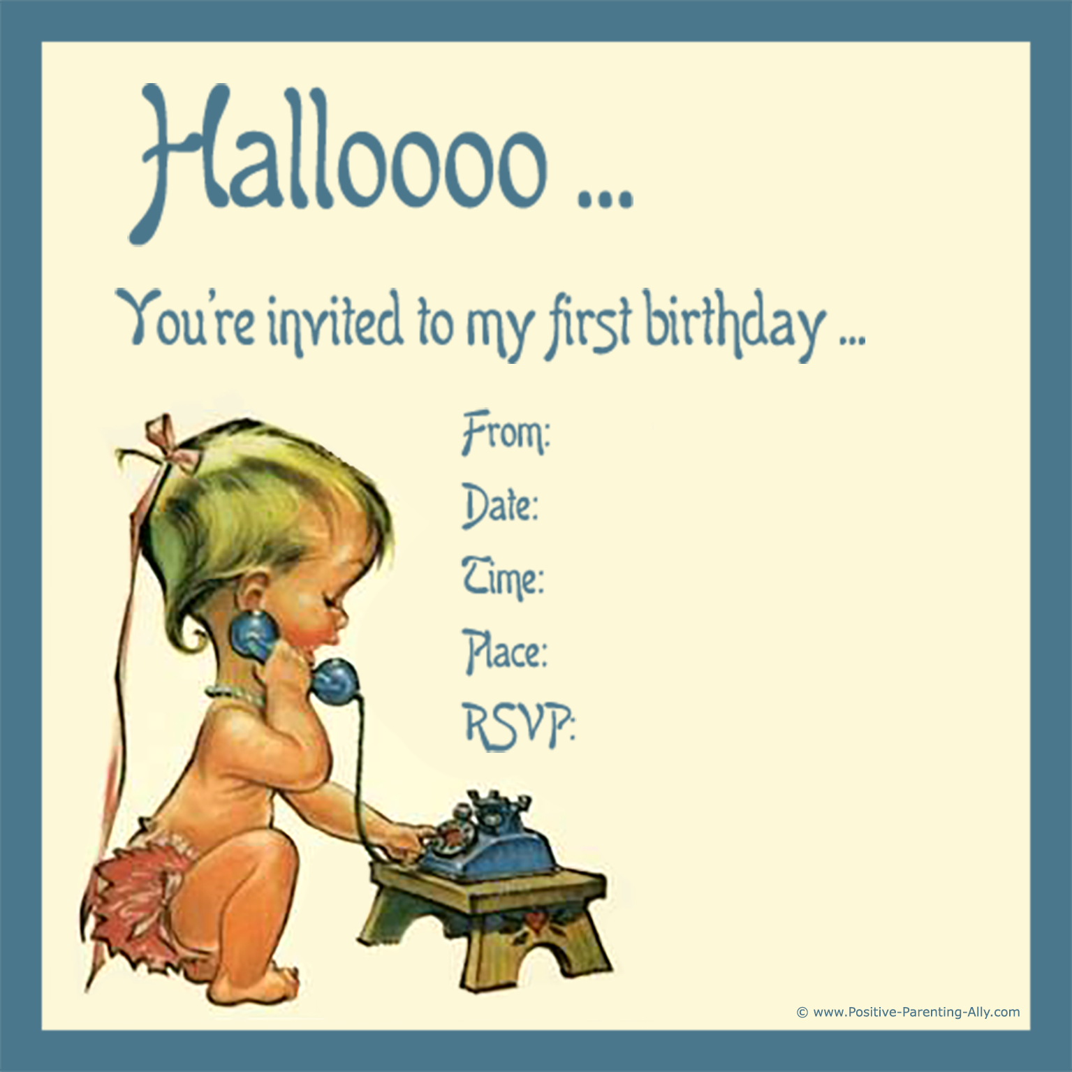 Old vintage 1st birthday invitation to print with the custest little baby on the phone.