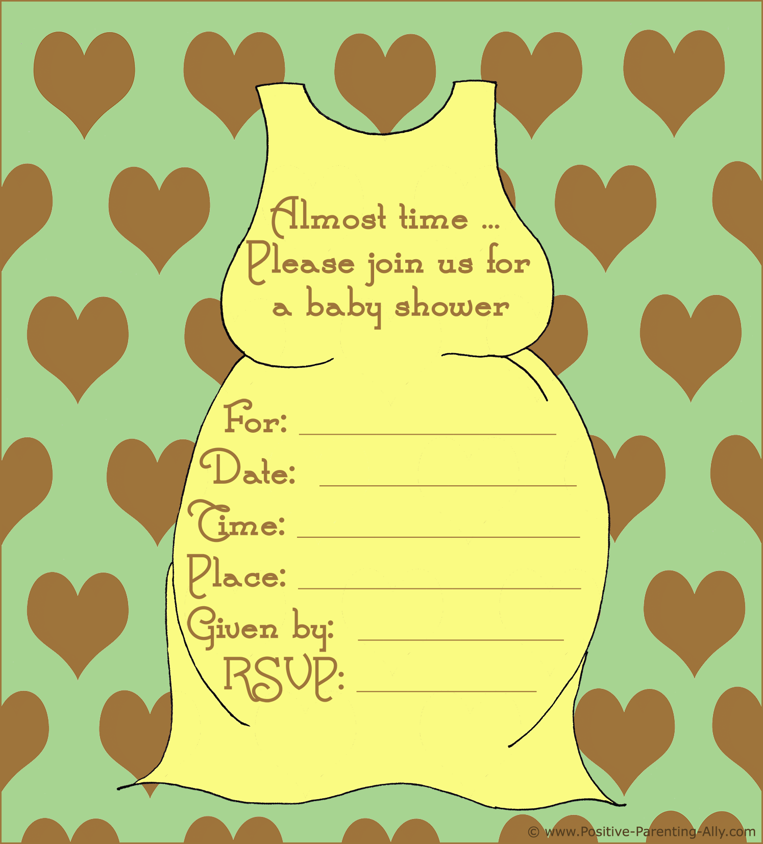 Neutral baby shower invite with pregnant belly dress in retro style.